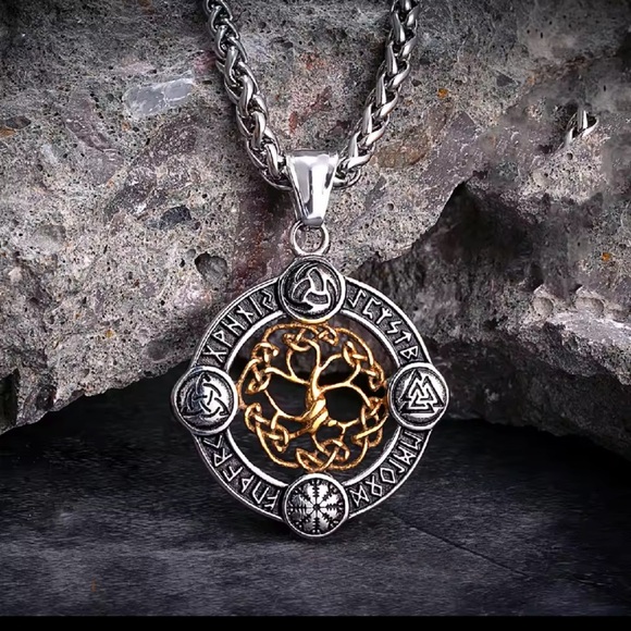 Viking Rune Life Tree Stainless Steel Silver Luck Talisman Necklace - Picture 1 of 5